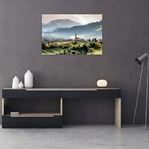 Obraz - dedinka v hmle (90x60 cm)