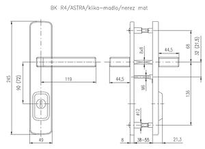 Bezpečnostné kovanie ROSTEX BK R4 ASTRA 3.tř (NEREZ MAT TITÁN), kľučka pravá / kľučka, Otvor na cylindrickú vložku PZ, ROSTEX Nerez mat Ti, 72 mm