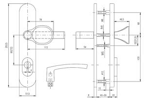 Bezpečnostné kovanie ROSTEX BK EL1 (HLINÍK), kľučka pravá / madlo, Otvor na cylindrickú vložku PZ, ROSTEX Chróm lesklý-nerez, 72 mm