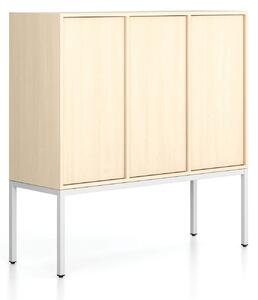 Kancelárska skriňa FRAME, nízka, biela podnož, 3x dvere, 1299 x 450 x 1331 mm, PUSH-lock, breza