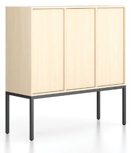 Kancelárska skriňa FRAME, nízka, čierna podnož, 3x dvere, 1299 x 450 x 1331 mm, PUSH-lock, breza