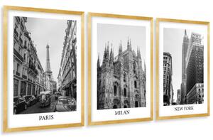 Gario Sada plagátov Paris, Milan, New York - 3 dielna Farba rámu: Zlatá, Veľkosť: 135 x 63 cm
