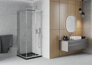Mexen Rio, štvorcový sprchovací kút s posuvnými dverami 90 x 90 cm, 5mm číre sklo, chrómový profil + čierna sprchová vanička, 860-090-090-01-00-4070