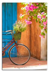 Obraz na plátne - Pristavený bicykel s kvetmi - obdĺžnik 774A (90x60 cm )