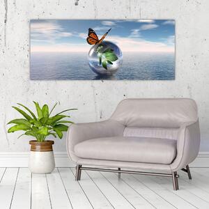 Obraz motýľa na sklenenej guli (120x50 cm)
