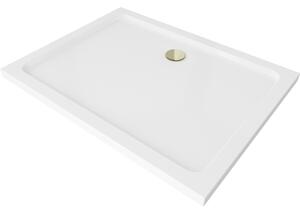 Mexen Flat obdĺžniková sprchová vanička slim 140 x 100 cm, biela, syfon zlatá - 40101014G
