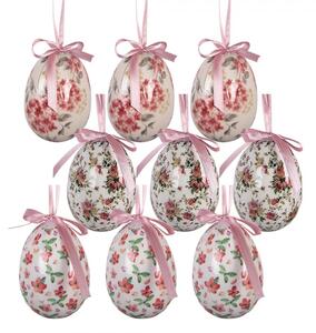 9ks dekorácia biele závesné vajíčko s kvetmi Spring Egg - Ø 5*8 cm - Clayre & Eef