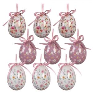 9ks dekorácia bielo-ružové závesné vajíčko s kvetmi Spring Egg - Ø 5*8 cm - Clayre & Eef
