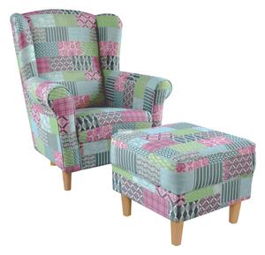 KONDELA Kreslo ušiak s taburetom, látka patchwork M1, ASTRID