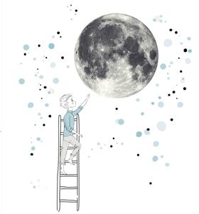 INSPIO-textilná prelepiteľná nálepka - Samolepka na stenu - Mesiac a chlapec v modrej farbe, veľká nálepka
