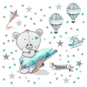 INSPIO-textilná prelepiteľná nálepka - Nálepky na stenu pre chlapcov - Medvedík s lietadlom a balónmi