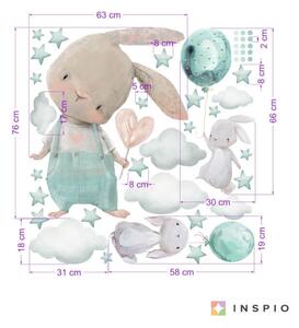 INSPIO-textilná prelepiteľná nálepka - Detské nálepky na stenu - Zajačiky s hviezdičkami v mentolovej farbe