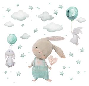 INSPIO-textilná prelepiteľná nálepka - Detské nálepky na stenu - Zajačiky s hviezdičkami v mentolovej farbe