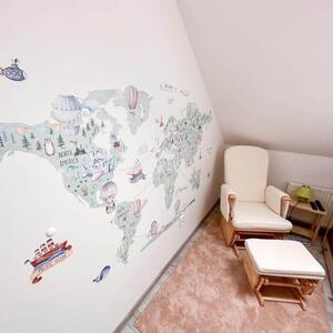INSPIO-textilná prelepiteľná nálepka - Nálepka na stenu mapa sveta - Balóny a dopravné prostriedky