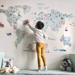 INSPIO-textilná prelepiteľná nálepka - Nálepka na stenu mapa sveta - Balóny a dopravné prostriedky