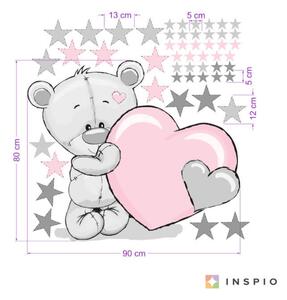 INSPIO-textilná prelepiteľná nálepka - Detské nálepky na stenu - Medvedík s ružovým srdiečkom a menom