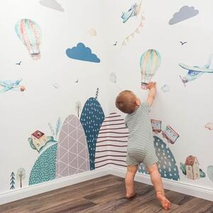 INSPIO-textilná prelepiteľná nálepka - Nálepky na stenu pre chlapca - Modré balóny a kopce