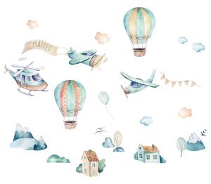 INSPIO-textilná prelepiteľná nálepka - Nálepky na stenu pre chlapca - Modré lietadlá a balóny