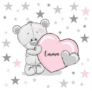 INSPIO-textilná prelepiteľná nálepka - Detské nálepky na stenu - Medvedík s ružovým srdiečkom a menom