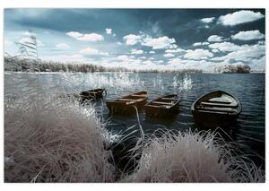 Obraz - Drevené loďky na jazere (90x60 cm)
