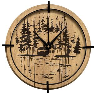 Drevené nástenné hodiny Lesná chatka pri jazere | SENTOP HDF0585-GOLD-OAK