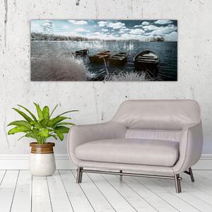 Obraz - Drevené loďky na jazere (120x50 cm)
