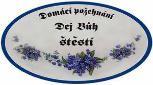 Ceduľa Domácí požehnání - Dej Buh štěstí - tam se dobře daří - Retro plechové cedule