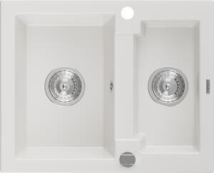 Mexen Carlos žulový drez 1,5-komorový 582 x 475 mm, biely, sifón chróm - 6518581500-20