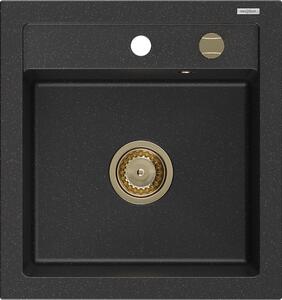 Mexen Vito, granitový drez 520x490x210 mm, 1-komorový, čierna-strieborná metalíza so zlatým sifónom, 6503521000-73-G