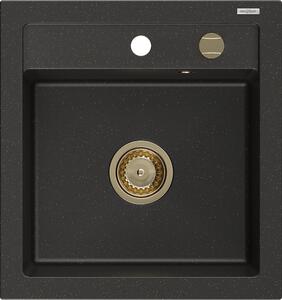 Mexen Vito granitový jednokomorový drez 520 x 490 mm, Čierna/Zlatá metalíza, Sifón Zlatá - 6503521000-75-G