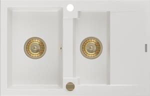 Mexen Gaspar, granitový drez 737x475x177 mm, 1,5-komorový, biela so zlatým sifónom, 6507731505-20-G