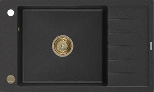 Mexen Elias granitový jednokomorový drez s odkvapkávačom 795 x 480 mm, Čierna/Strieborná metalíza, Sifón Zlatá - 6511791005-73-G