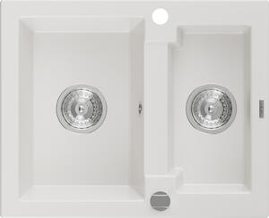 Mexen Carlos žulový kuchynský drez 1,5-komorový 582 x 475 mm, biely, sifón chróm - 6518581500-20