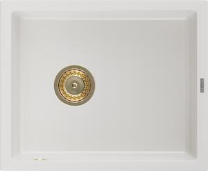 Mexen Pedro granitový kuchynský drez 1-komorový 560 x 460 mm, biely, zlatý sifón - 6508561000-20-G