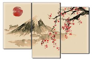 Obraz na plátne - Tradičné sumi-e obraz: sakura, slnko a hory 1271FD (90x60 cm)