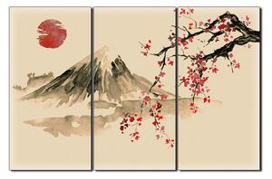 Obraz na plátne - Tradičné sumi-e obraz: sakura, slnko a hory 1271FB (120x80 cm)