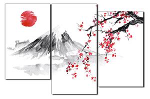 Obraz na plátne - Tradičné sumi-e obraz: sakura, slnko a hory 1271D (150x100 cm)
