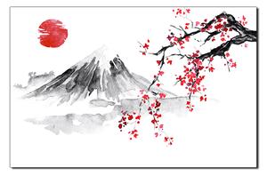 Obraz na plátne - Tradičné sumi-e obraz: sakura, slnko a hory 1271A (100x70 cm)