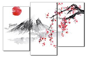 Obraz na plátne - Tradičné sumi-e obraz: sakura, slnko a hory 1271C (150x100 cm)