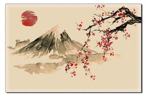 Obraz na plátne - Tradičné sumi-e obraz: sakura, slnko a hory 1271FA (100x70 cm)