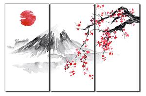 Obraz na plátne - Tradičné sumi-e obraz: sakura, slnko a hory 1271B (90x60 cm )