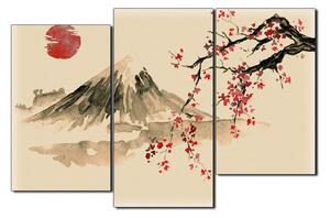 Obraz na plátne - Tradičné sumi-e obraz: sakura, slnko a hory 1271FC (90x60 cm)