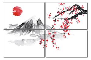 Obraz na plátne - Tradičné sumi-e obraz: sakura, slnko a hory 1271E (150x100 cm)