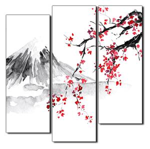 Obraz na plátne - Tradičné sumi-e obraz: sakura, slnko a hory - štvorec 3271C (75x75 cm)