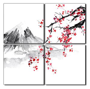 Obraz na plátne - Tradičné sumi-e obraz: sakura, slnko a hory - štvorec 3271E (60x60 cm)