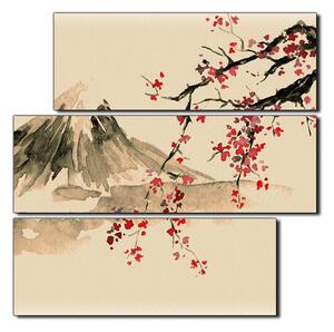 Obraz na plátne - Tradičné sumi-e obraz: sakura, slnko a hory - štvorec 3271FD (75x75 cm)