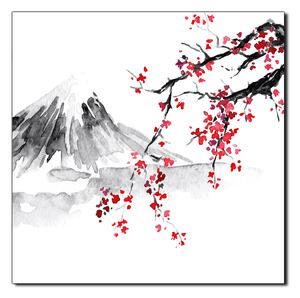 Obraz na plátne - Tradičné sumi-e obraz: sakura, slnko a hory - štvorec 3271A (50x50 cm)