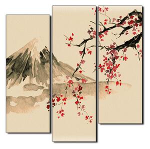 Obraz na plátne - Tradičné sumi-e obraz: sakura, slnko a hory - štvorec 3271FC (75x75 cm)