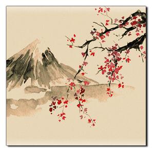 Obraz na plátne - Tradičné sumi-e obraz: sakura, slnko a hory - štvorec 3271FA (50x50 cm)