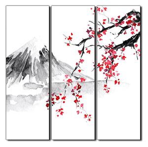 Obraz na plátne - Tradičné sumi-e obraz: sakura, slnko a hory - štvorec 3271B (75x75 cm)